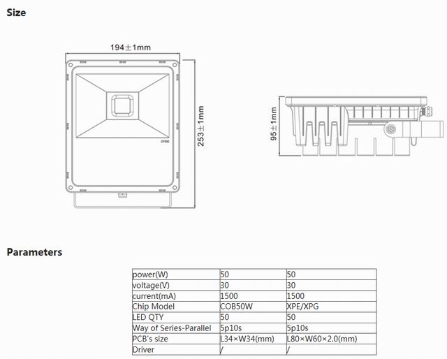 50w led flood light heat sink-sd50s size